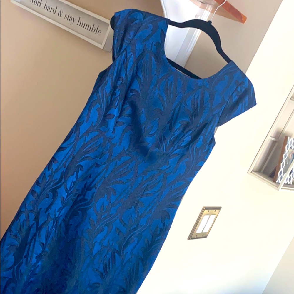 J. Crew Blue Shift Dress with Black Floral Overlay